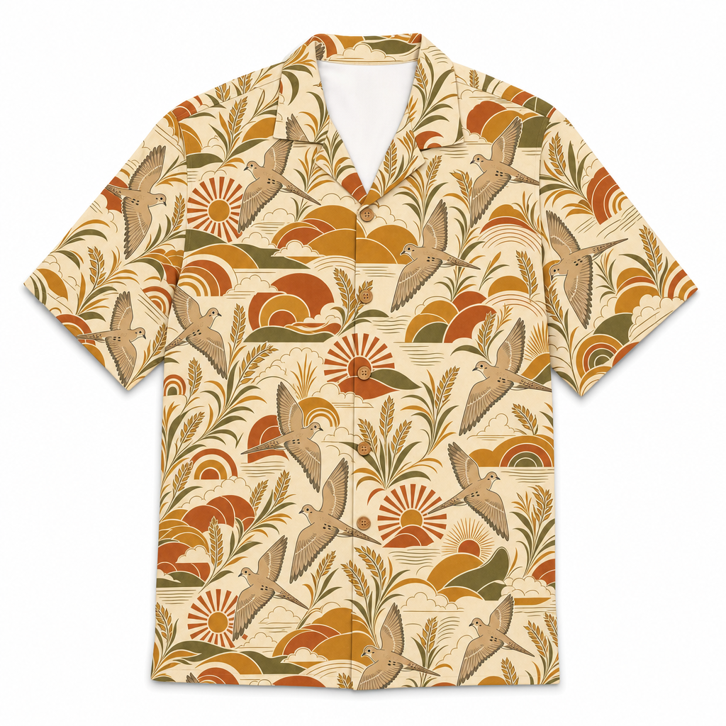 Dove Hunting Hawaiian Shirt for Men — Retro 70s Sunset Mourning Dove & Sunflower Print, Cream, Gift for Dove Hunters