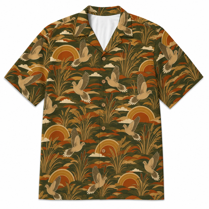 Dove Hunting Hawaiian Shirt for Men — Retro 70s Sunset Mourning Dove & Sunflower Print, Olive, Gift for Dove Hunters