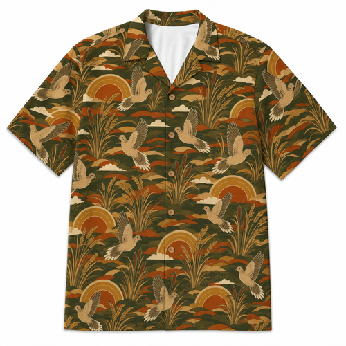 Dove Hunting Hawaiian Shirt for Men — Retro 70s Sunset Mourning Dove & Sunflower Print, Olive, Gift for Dove Hunters