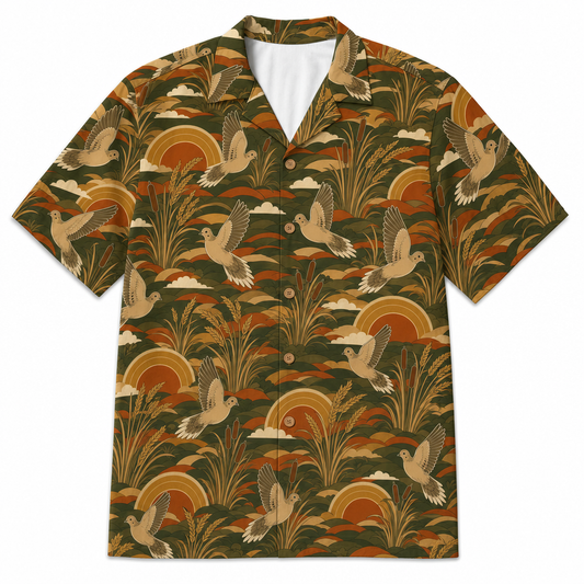 Dove Hunting Hawaiian Shirt for Men — Retro 70s Sunset Mourning Dove & Sunflower Print, Olive, Gift for Dove Hunters