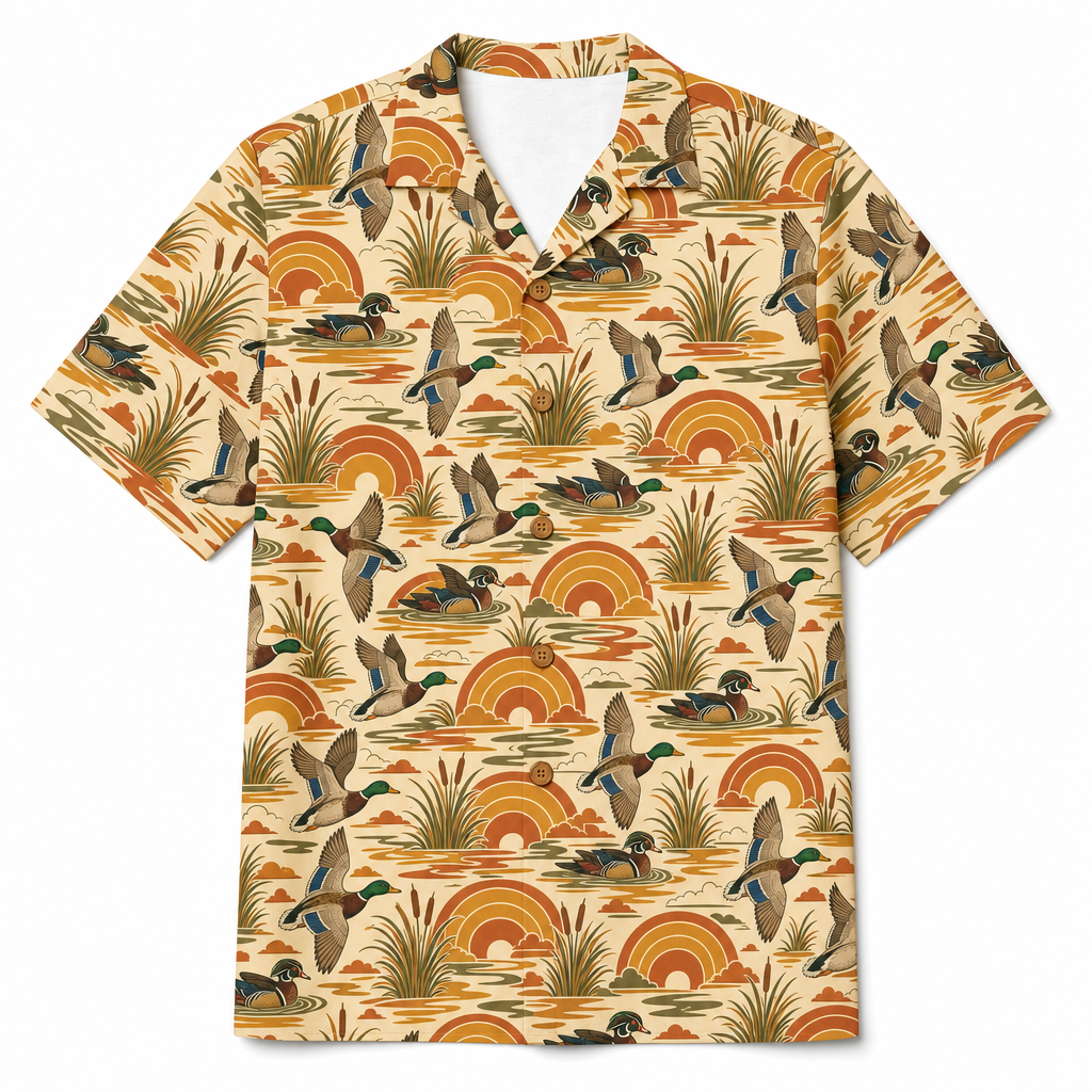Duck Hunting Hawaiian Shirt for Men — Retro 70s Sunset Mallard & Wood Duck Print, Gift for Waterfowl Hunters