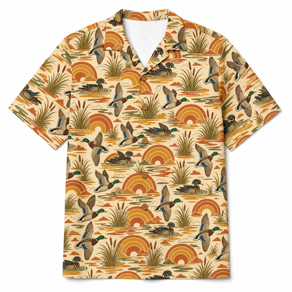 Duck Hunting Hawaiian Shirt for Men — Retro 70s Sunset Mallard & Wood Duck Print, Gift for Waterfowl Hunters