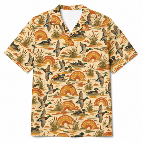Duck Hunting Hawaiian Shirt for Men — Retro 70s Sunset Mallard & Wood Duck Print, Gift for Waterfowl Hunters
