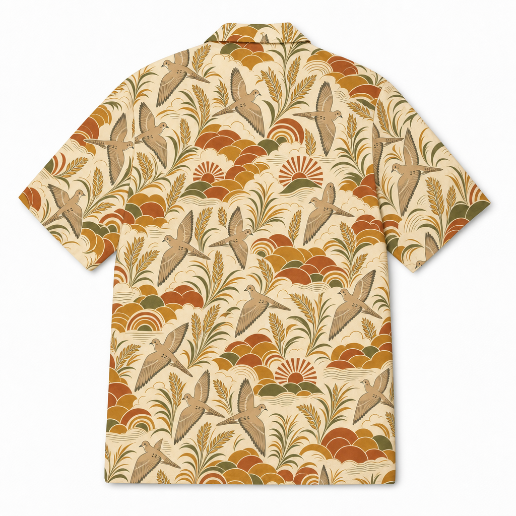 Dove Hunting Hawaiian Shirt for Men — Retro 70s Sunset Mourning Dove & Sunflower Print, Cream, Gift for Dove Hunters