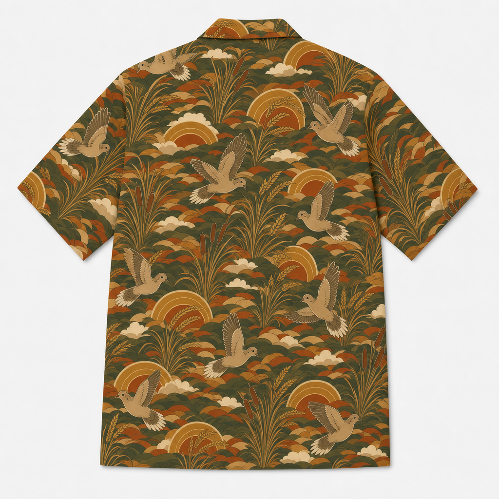Dove Hunting Hawaiian Shirt for Men — Retro 70s Sunset Mourning Dove & Sunflower Print, Olive, Gift for Dove Hunters