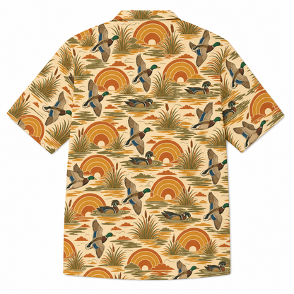 Duck Hunting Hawaiian Shirt for Men — Retro 70s Sunset Mallard & Wood Duck Print, Gift for Waterfowl Hunters