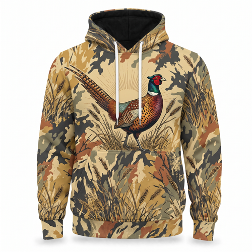Ring-Necked Pheasant Camo Hoodie — All-Over Prairie Scene Print, Upland Hunting Gift