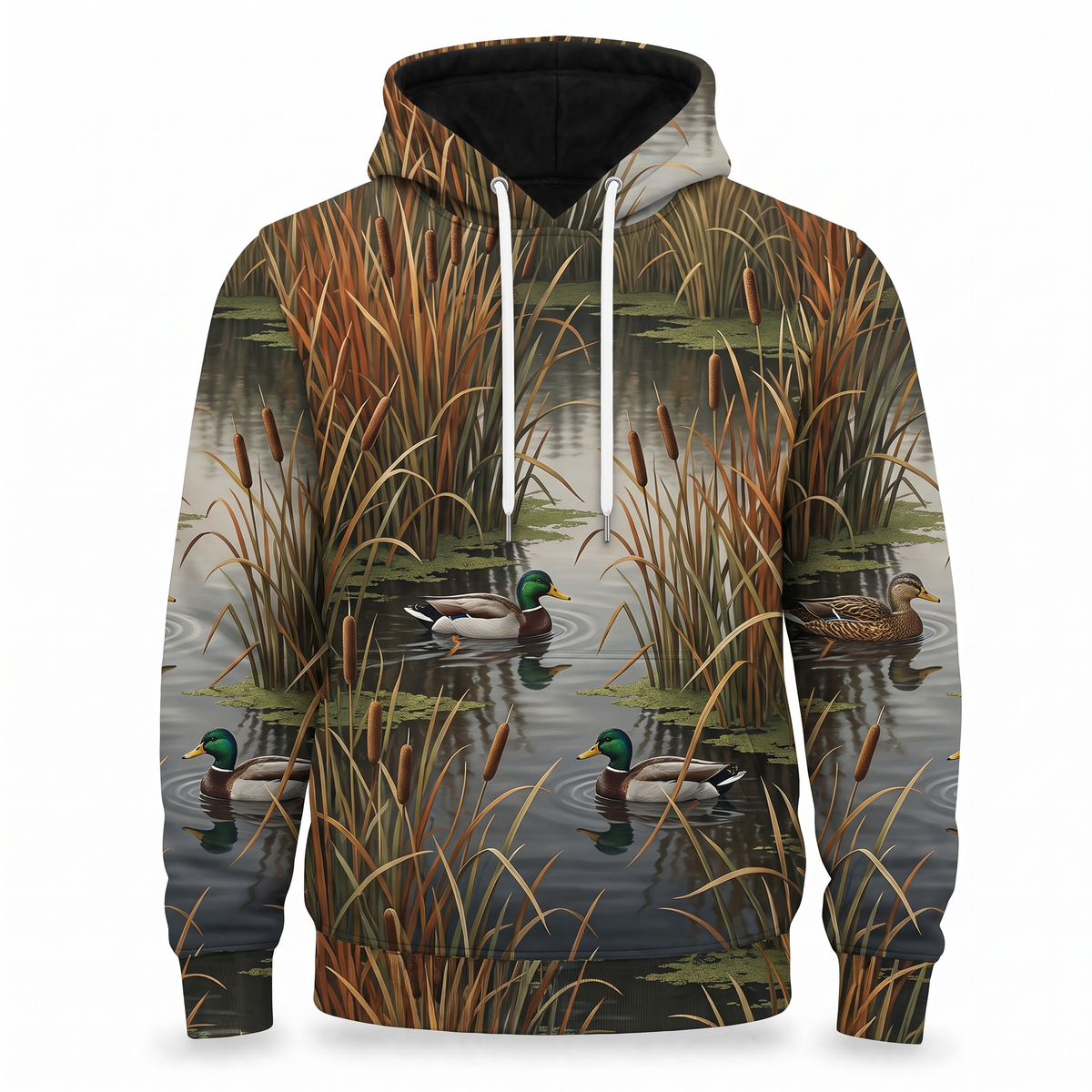 Mallard Duck Marsh Reed Camo Hoodie — All-Over Cattail Print, Waterfowl Hunting Gift