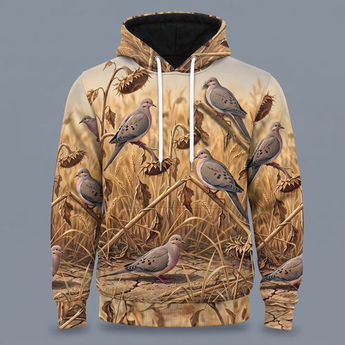 Mourning Dove Harvest Field Camo Hoodie — All-Over Wheat & Stalk Print, Dove Hunting Gift