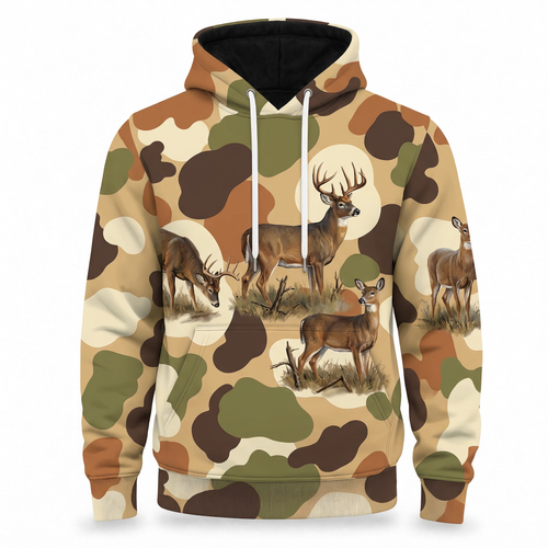 Whitetail Deer Vintage Camo Hoodie — Retro Blotch All-Over Print, Deer Hunting Gift