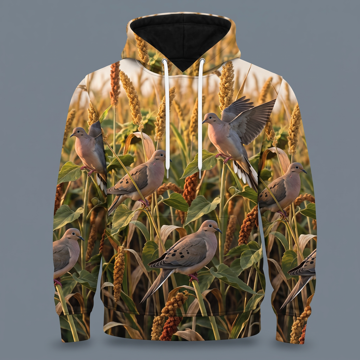 Mourning Dove Millet Field Camo Hoodie — All-Over Golden Hour Print, Dove Hunting Gift