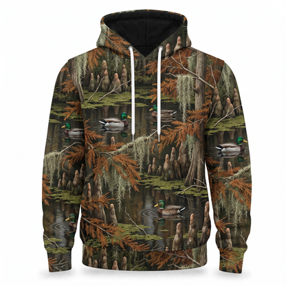 Mallard Duck Cypress Swamp Camo Hoodie — All-Over Flooded Timber Print, Duck Hunting Gift