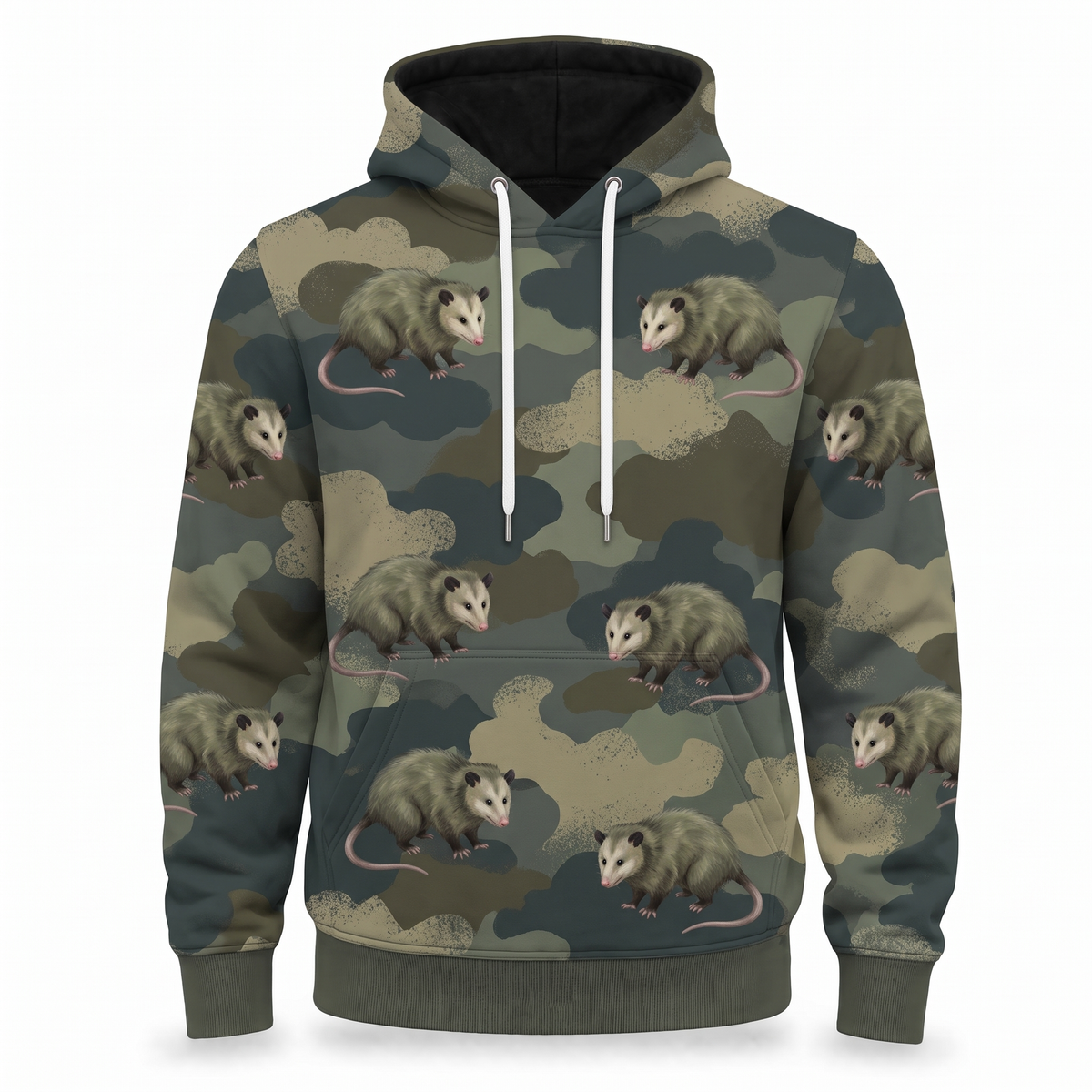 Possum Hunting Camo Hoodie – Opossum Woodland Camouflage All-Over Print Unisex Pullover, Hunter Gift