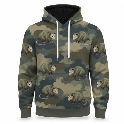Possum Hunting Camo Hoodie – Opossum Woodland Camouflage All-Over Print Unisex Pullover, Hunter Gift