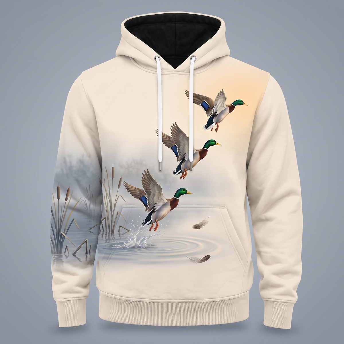 Mallard Duck Hoodie – Misty Marsh Waterfowl All-Over Print Unisex Pullover, Duck Hunting Gift