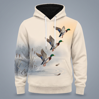 Mallard Duck Hoodie – Misty Marsh Waterfowl All-Over Print Unisex Pullover, Duck Hunting Gift