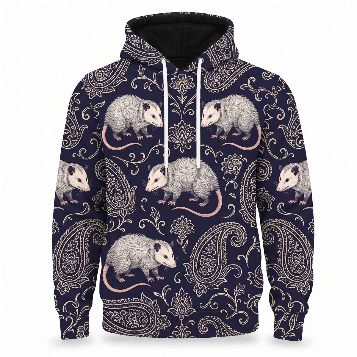 Opossum Paisley Hoodie – Vintage Navy Bandana Pattern All-Over Print Unisex Pullover, Possum Lover Gift
