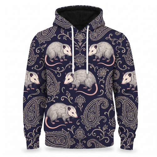 Opossum Paisley Hoodie – Vintage Navy Bandana Pattern All-Over Print Unisex Pullover, Possum Lover Gift