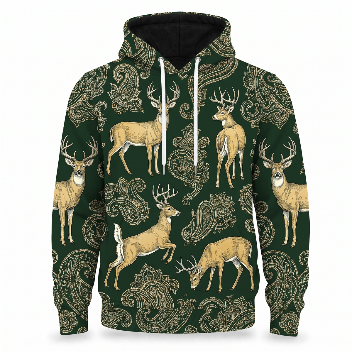 Whitetail Deer Hoodie – Vintage Paisley Deer Hunting All-Over Print Unisex Pullover, Hunter Green, Deer Hunter Gift
