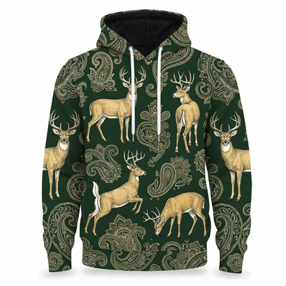 Whitetail Deer Hoodie – Vintage Paisley Deer Hunting All-Over Print Unisex Pullover, Hunter Green, Deer Hunter Gift