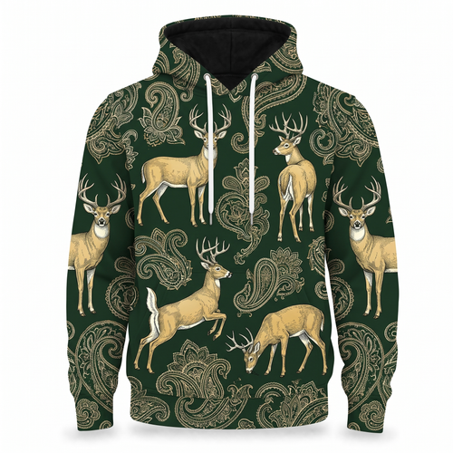 Whitetail Deer Hoodie – Vintage Paisley Deer Hunting All-Over Print Unisex Pullover, Hunter Green, Deer Hunter Gift