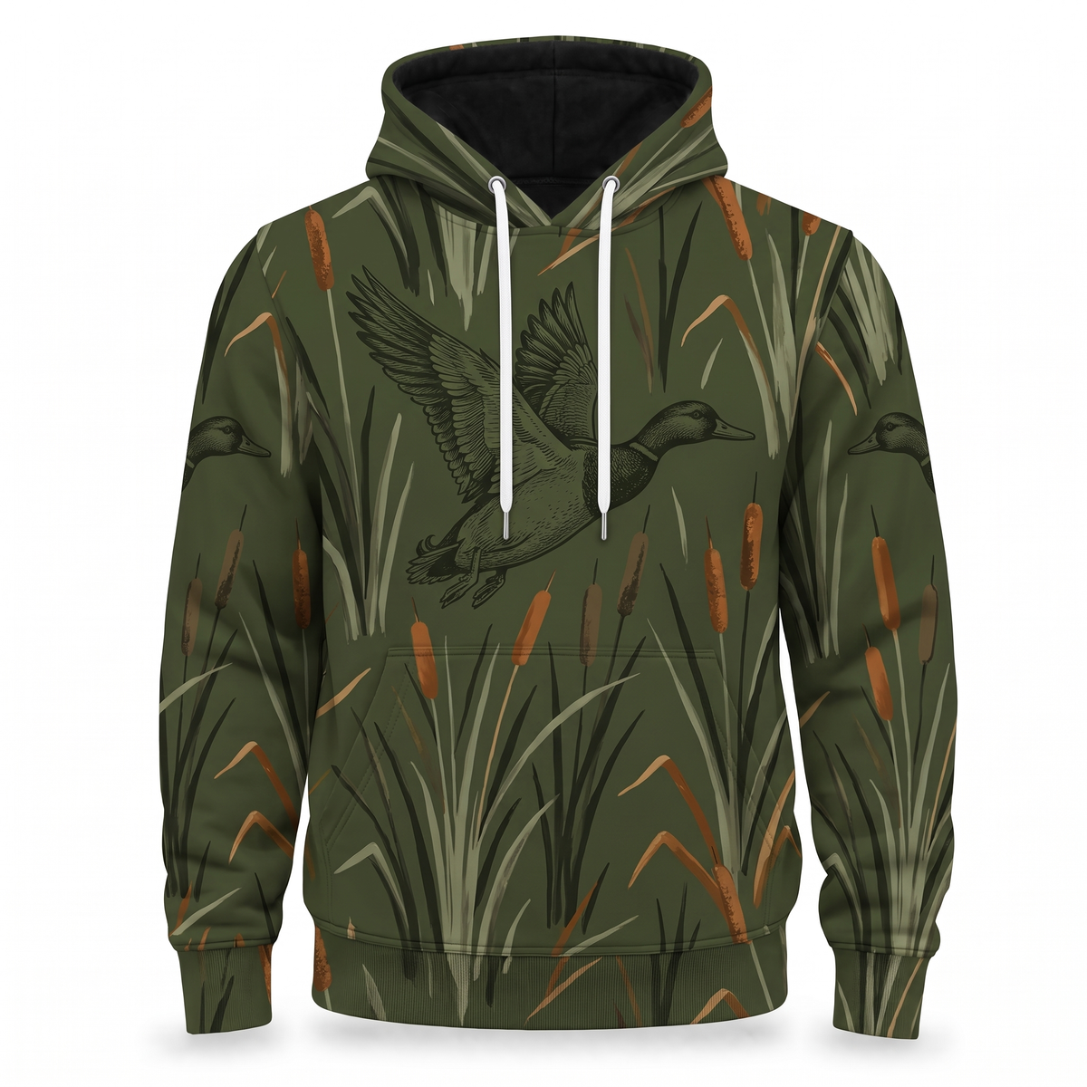 Mallard Duck Hunting Hoodie – Cattail Marsh Camo All-Over Print Unisex Pullover, Duck Hunter Gift