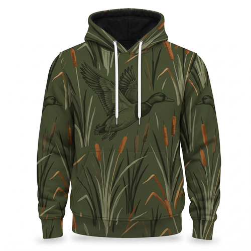 Mallard Duck Hunting Hoodie – Cattail Marsh Camo All-Over Print Unisex Pullover, Duck Hunter Gift