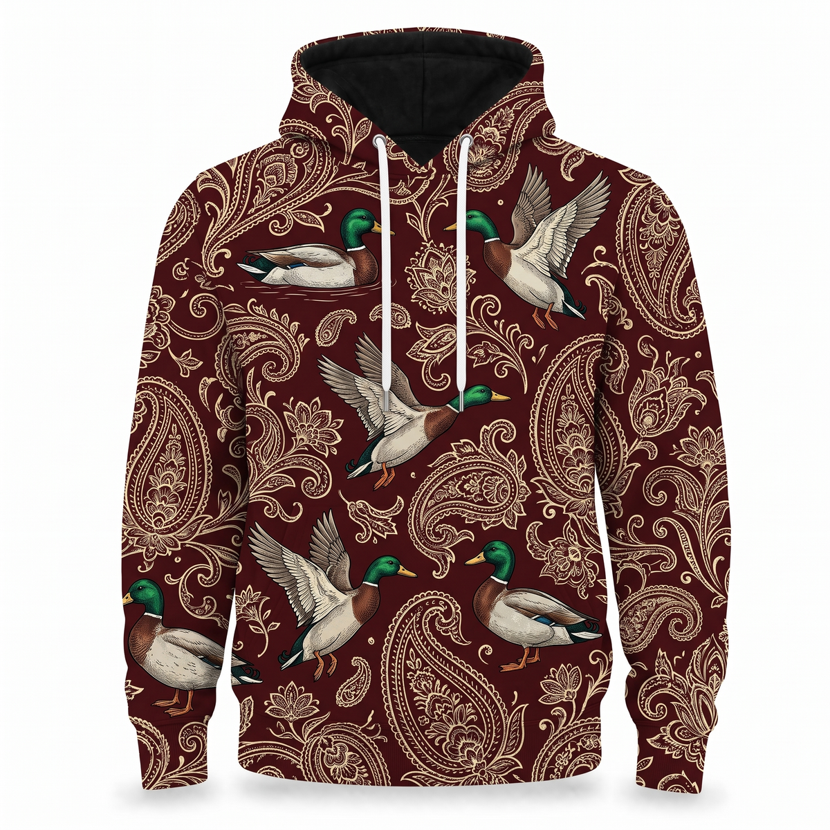 Mallard Duck Paisley Hoodie – Vintage Burgundy Duck Hunting All-Over Print Unisex Pullover, Duck Hunter Gift