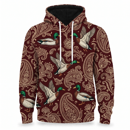 Mallard Duck Paisley Hoodie – Vintage Burgundy Duck Hunting All-Over Print Unisex Pullover, Duck Hunter Gift