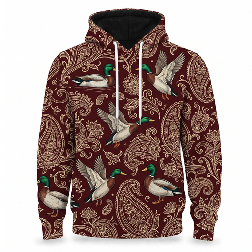 Mallard Duck Paisley Hoodie – Vintage Burgundy Duck Hunting All-Over Print Unisex Pullover, Duck Hunter Gift