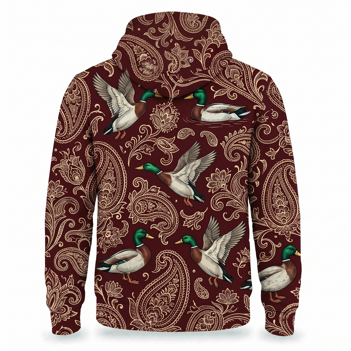 Mallard Duck Paisley Hoodie – Vintage Burgundy Duck Hunting All-Over Print Unisex Pullover, Duck Hunter Gift