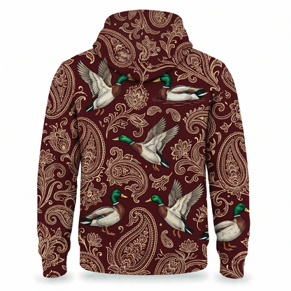 Mallard Duck Paisley Hoodie – Vintage Burgundy Duck Hunting All-Over Print Unisex Pullover, Duck Hunter Gift