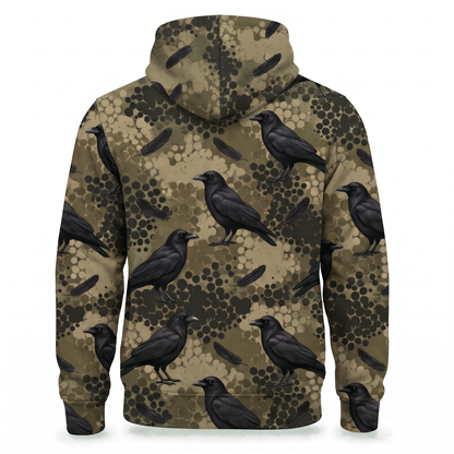 Crow Camo Hoodie – Black Crow Hunting Camouflage All-Over Print Unisex Pullover, Crow Hunter Gift