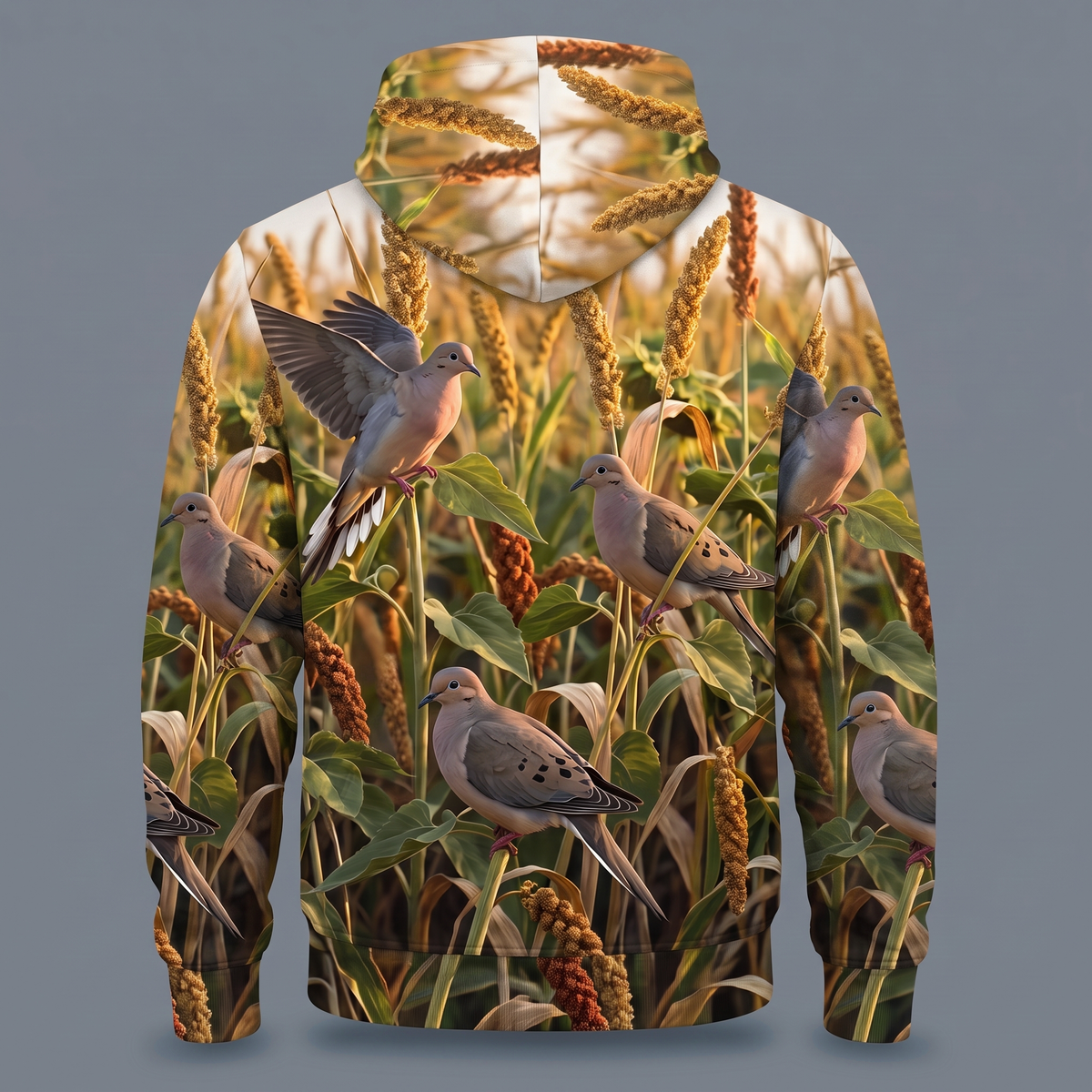 Mourning Dove Millet Field Camo Hoodie — All-Over Golden Hour Print, Dove Hunting Gift