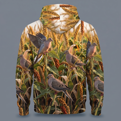 Mourning Dove Millet Field Camo Hoodie — All-Over Golden Hour Print, Dove Hunting Gift