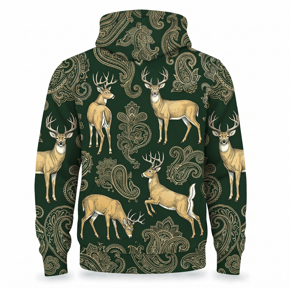 Whitetail Deer Hoodie – Vintage Paisley Deer Hunting All-Over Print Unisex Pullover, Hunter Green, Deer Hunter Gift