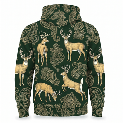Whitetail Deer Hoodie – Vintage Paisley Deer Hunting All-Over Print Unisex Pullover, Hunter Green, Deer Hunter Gift