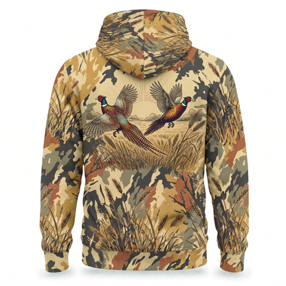 Ring-Necked Pheasant Camo Hoodie — All-Over Prairie Scene Print, Upland Hunting Gift