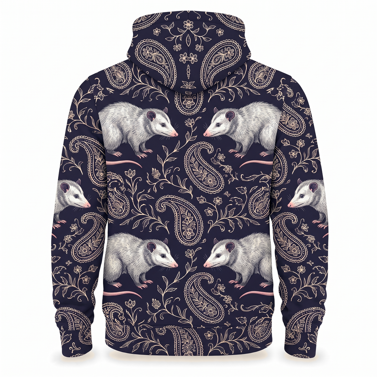Opossum Paisley Hoodie – Vintage Navy Bandana Pattern All-Over Print Unisex Pullover, Possum Lover Gift