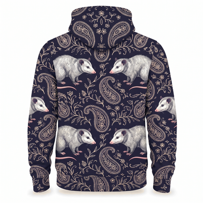 Opossum Paisley Hoodie – Vintage Navy Bandana Pattern All-Over Print Unisex Pullover, Possum Lover Gift
