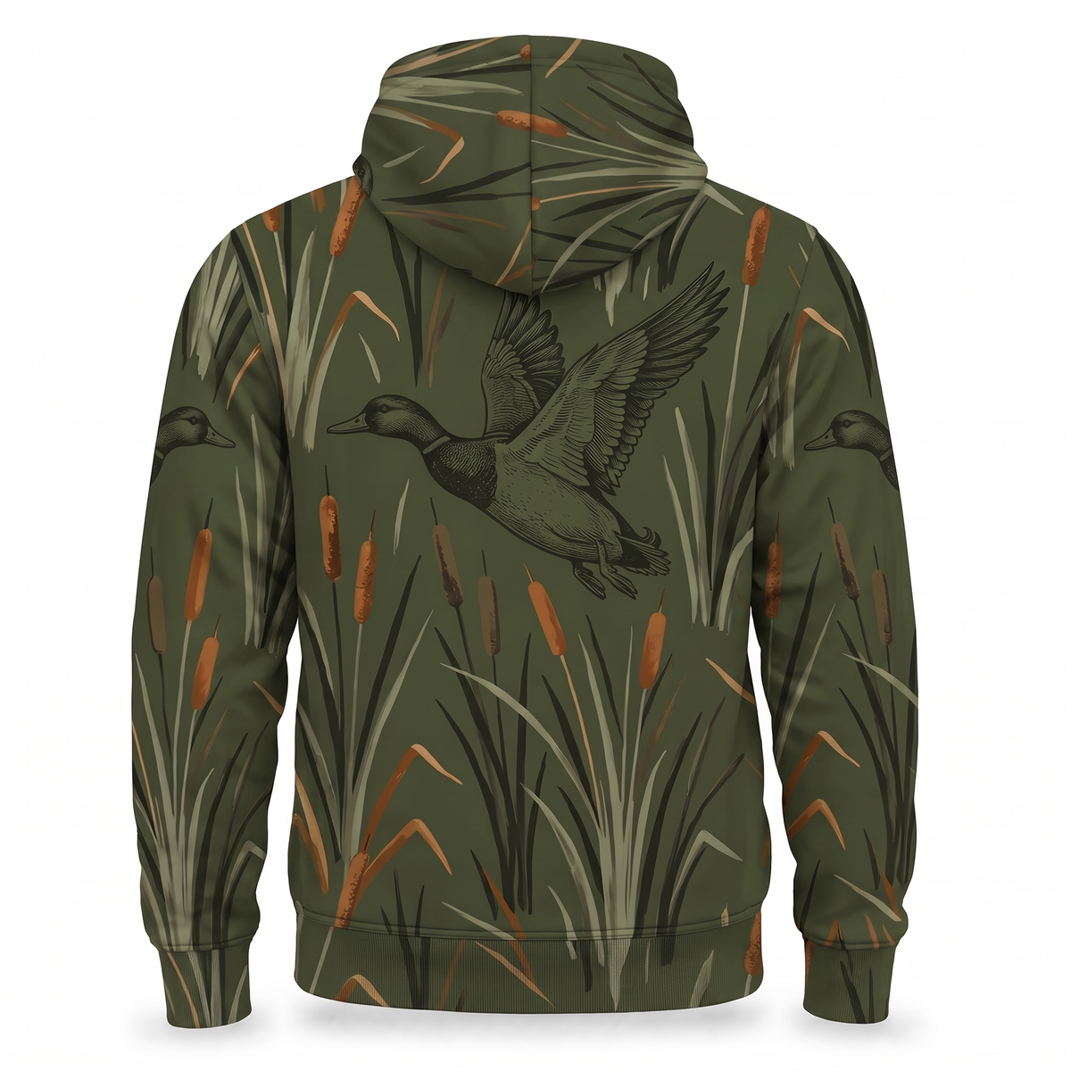 Mallard Duck Hunting Hoodie – Cattail Marsh Camo All-Over Print Unisex Pullover, Duck Hunter Gift