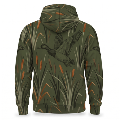 Mallard Duck Hunting Hoodie – Cattail Marsh Camo All-Over Print Unisex Pullover, Duck Hunter Gift