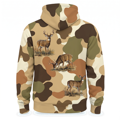 Whitetail Deer Vintage Camo Hoodie — Retro Blotch All-Over Print, Deer Hunting Gift