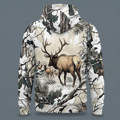 Bull Elk Bugling Snow Camo Hoodie - Realistic Winter Camouflage