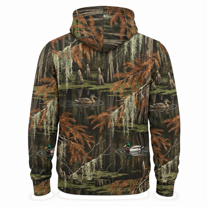 Mallard Duck Cypress Swamp Camo Hoodie — All-Over Flooded Timber Print, Duck Hunting Gift