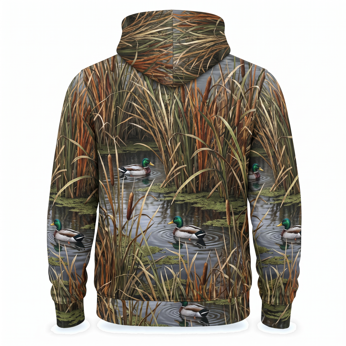 Mallard Duck Marsh Reed Camo Hoodie — All-Over Cattail Print, Waterfowl Hunting Gift