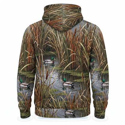 Mallard Duck Marsh Reed Camo Hoodie — All-Over Cattail Print, Waterfowl Hunting Gift