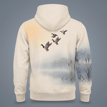 Mallard Duck Hoodie – Misty Marsh Waterfowl All-Over Print Unisex Pullover, Duck Hunting Gift