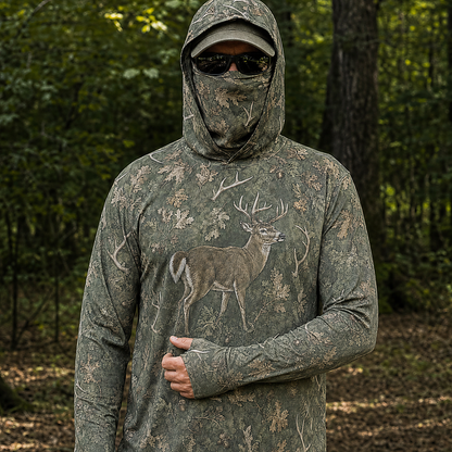 Whitetail Buck Camo UPF 50+ Hoodie for Men — Hunting Sun Shirt with Gaiter Face Cover & Thumb Holes
