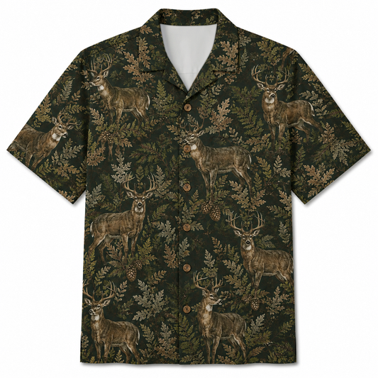 Deer Hunting Hawaiian Shirt for Men – Vintage Whitetail Buck & Botanical Print, Gift for Deer Hunters